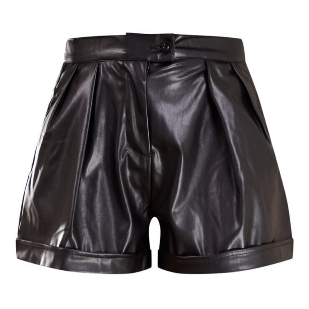 PrettyLittleThing Black Faux Leather Pleat Detail Shorts